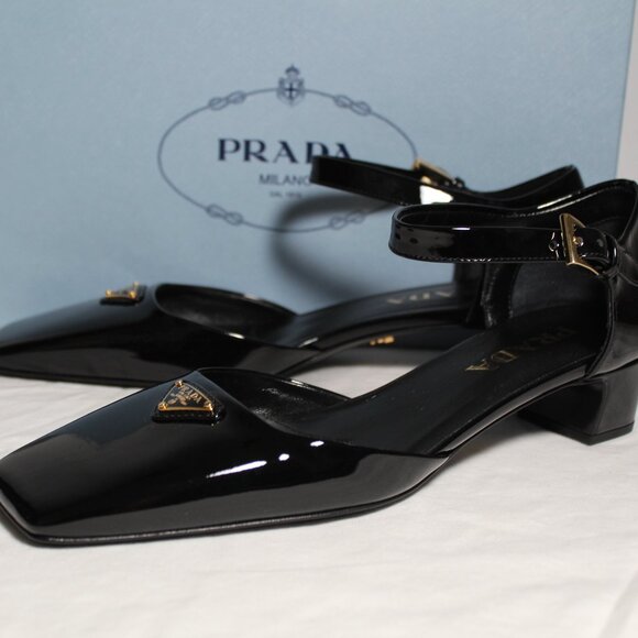 NWB PRADA Modellerie Black Ankle Strap Kitten Heel d'Orsay Pumps Logo - Picture 3 of 7